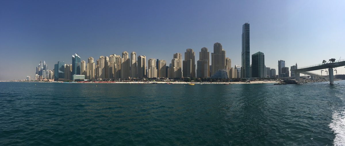 The Dubai Marina and JBR skyline from the beach