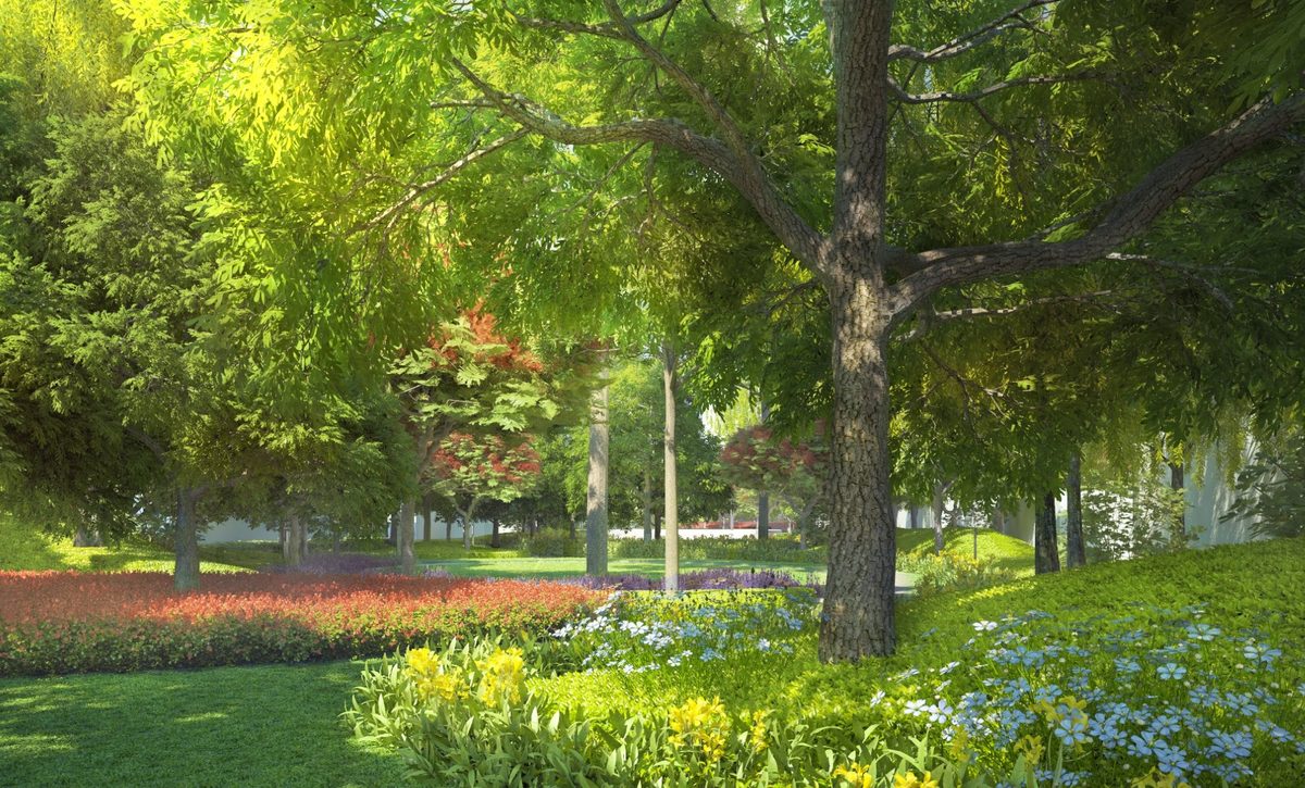 A park of mature trees inside Sobha Hartland II, no buildings in frame