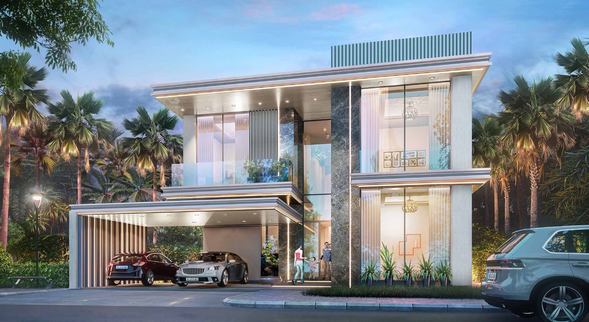 A townhouse street at DAMAC Islands with residents, from the developer's brochure