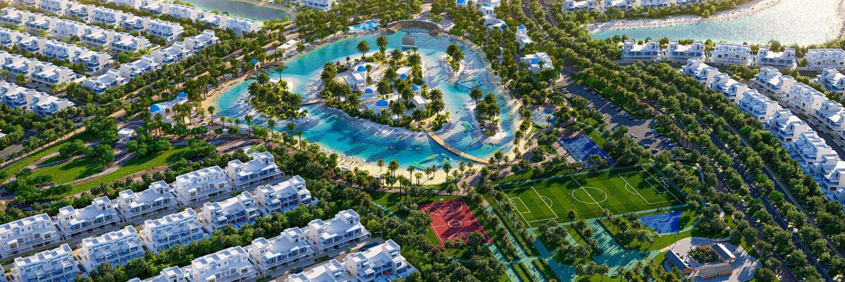 DAMAC Lagoons from the air: the lagoon loop with the island clubhouse and the villa grid around it, from the developer's brochure