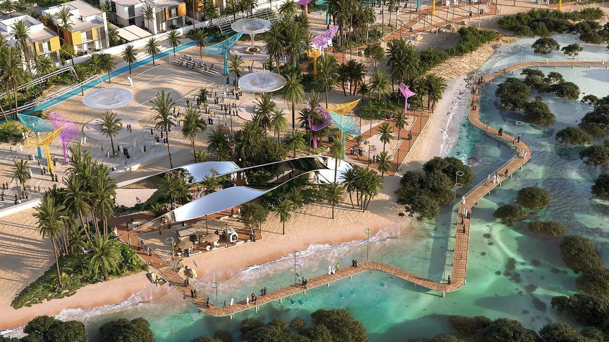 The water-play lagoon and eco-corniche of Saadiyat Lagoons from above, as rendered by Aldar