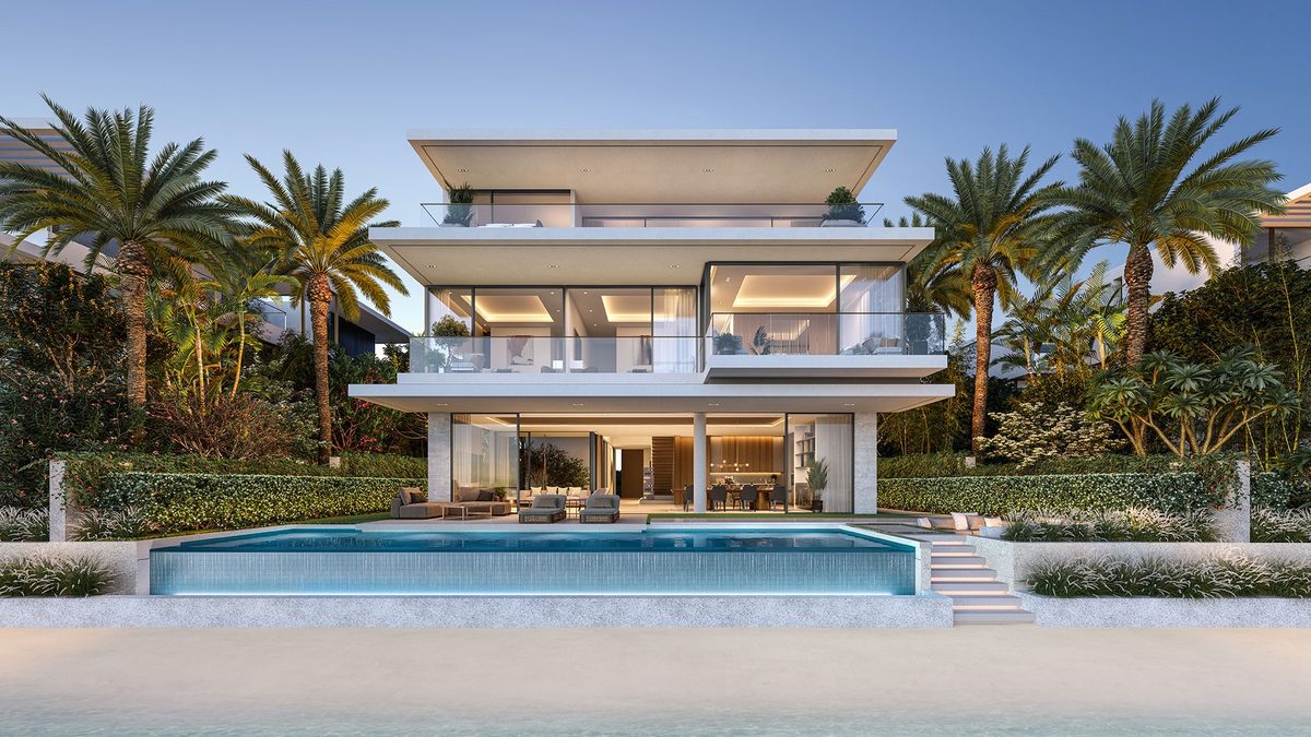 A Beach Collection villa on Palm Jebel Ali seen from the beach at dusk, infinity pool and palms