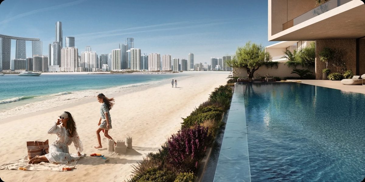 A quiet beach beside a residential pool deck, with the Abu Dhabi skyline across the water
