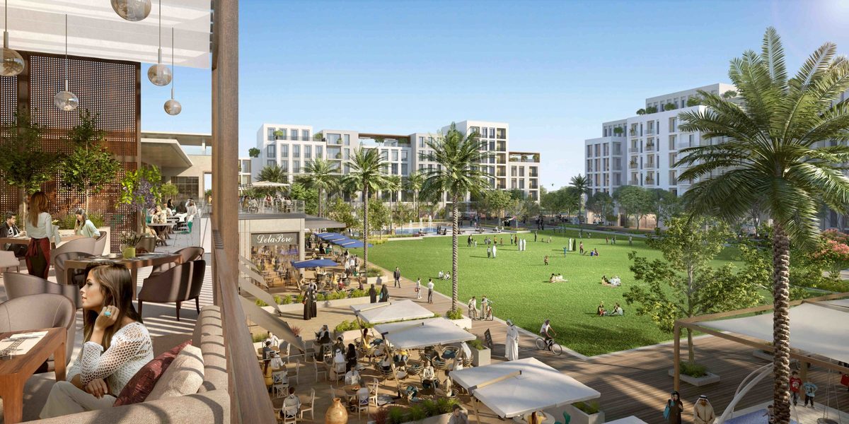 Emaar's master render of The Valley: low-rise villa clusters, green corridors and the town centre on the Dubai–Al Ain road