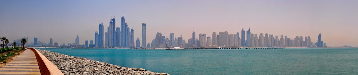 A panorama of western Dubai from the sea: the Marina towers and the Palm